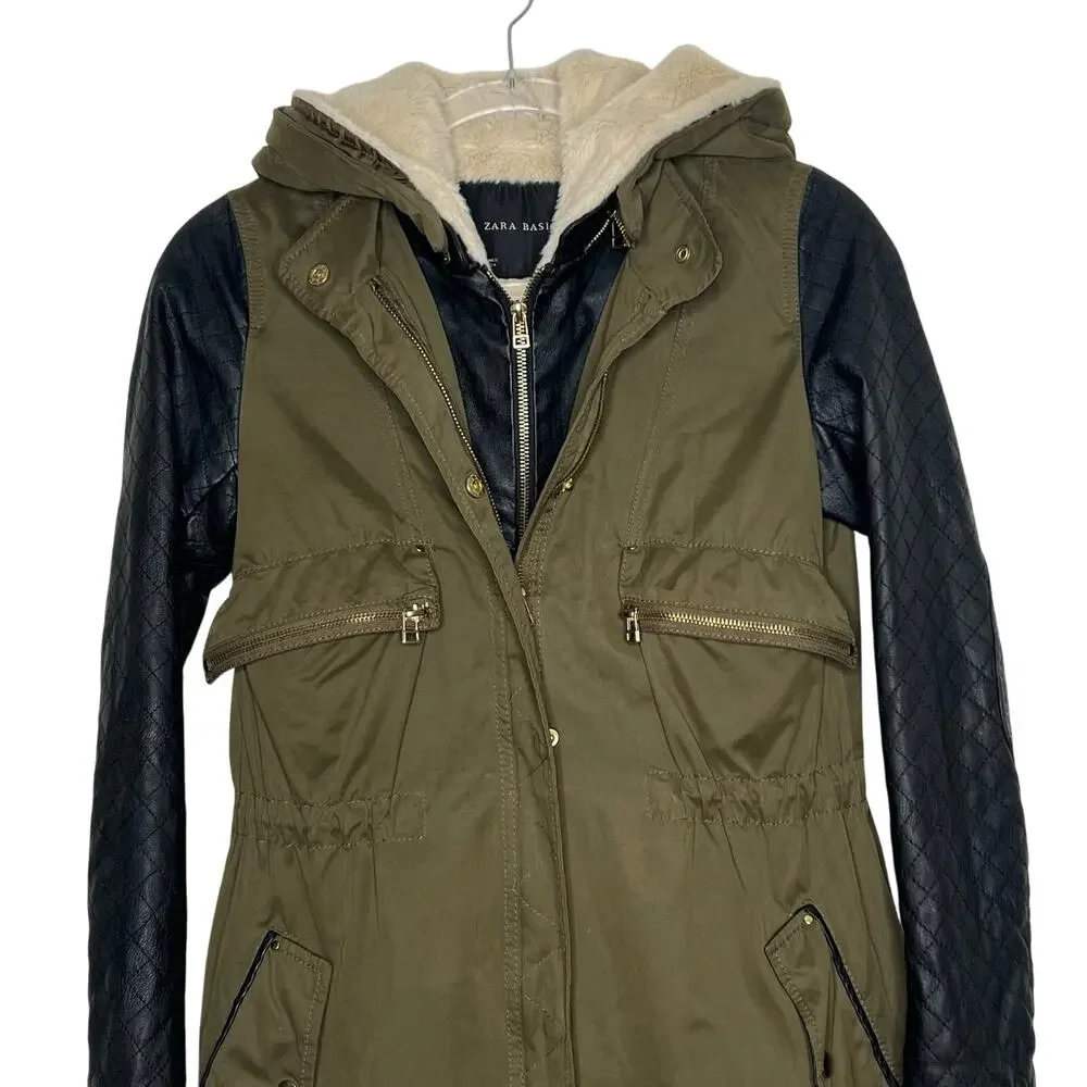 ZARA Jacket Faux Fur Lined Jacket Leather Sleeve Full Zip Hooded Green Black XS